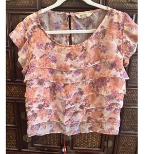 Y2K DECREE Womens Crop Top Pink Floral Ruffle Short Sleeve Fairy Cottage SIZE XL